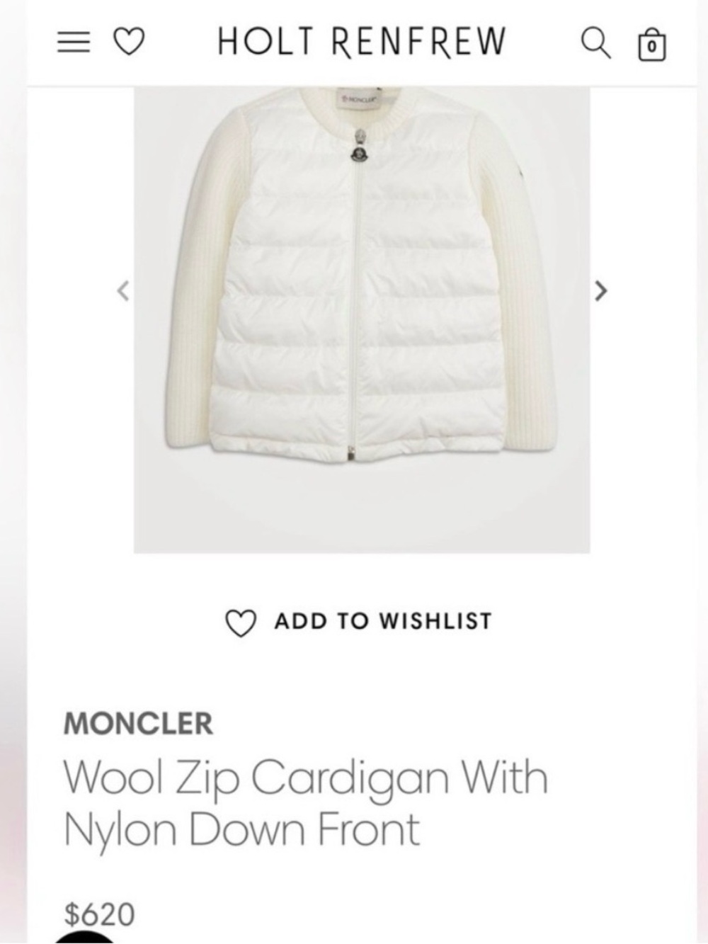 Moncler White Wool Zip Cardigan with Nylon Down Front